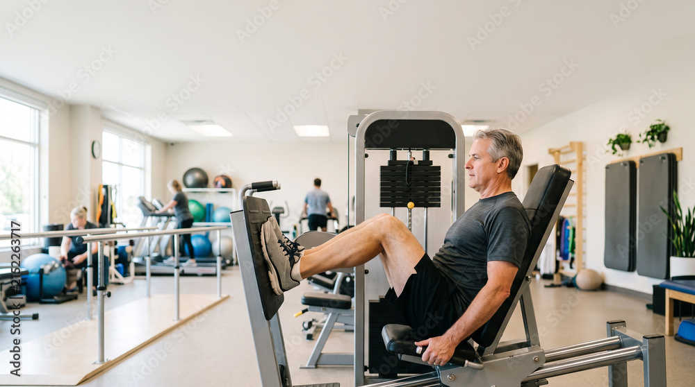 Fototapeta premium Senior man using leg press machine in a physical therapy gym