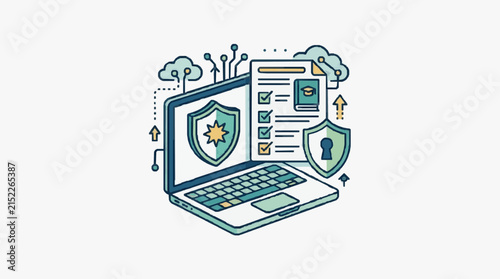 Laptop vector showing security shields, checklist with graduation cap, and cloud network icons. Illustrates secure online education, data protection, and digital compliance standards.
