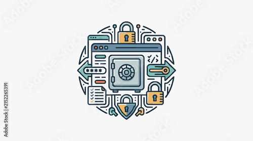 Cybersecurity vector illustration featuring a bank vault safe in a web browser, surrounded by digital padlocks, password icons, encryption keys, and data protection symbols.