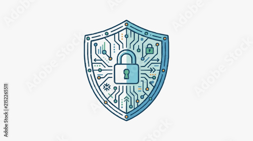 Cyber security shield icon featuring electronic circuit board lines, a central blue padlock, and small technical symbols illustrating network safety and data encryption infrastructure.