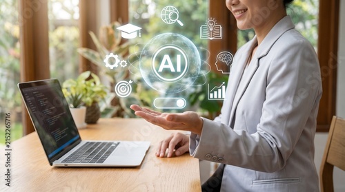 Artificial intelligence, ai, technology, future, digital interface, businesswoman holding hologram icon, smart data, virtual assistant, innovation concept, machine learning