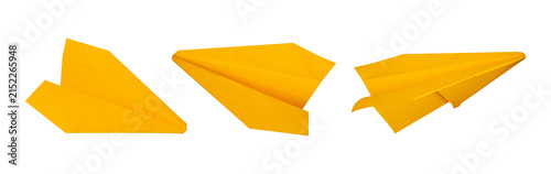 collection of yellow origami plane isolated on white background