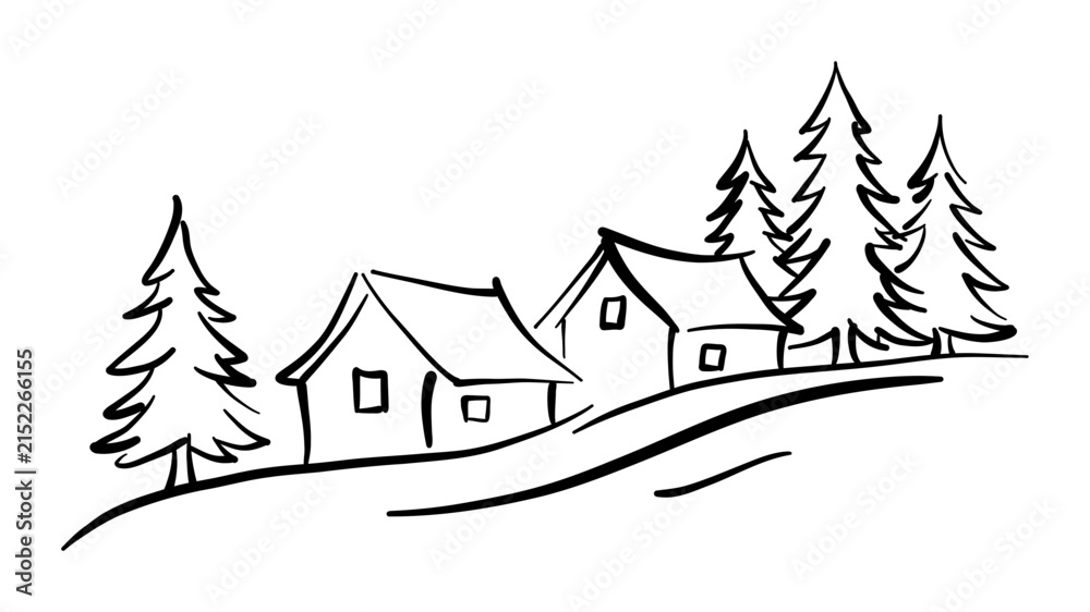 Fototapeta premium Black and white line drawing of two houses on a hill with pine trees