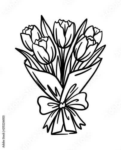 Black and white line drawing of a tulip bouquet with a bow
