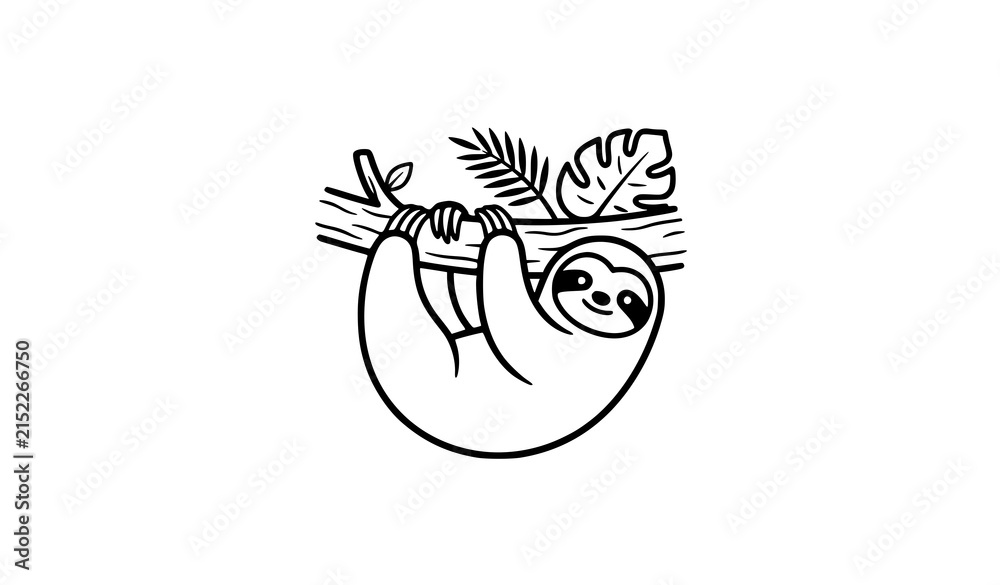 Naklejka premium Sloth Rainforest Wildlife Black and White Vector Icon
