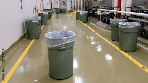 Industrial hallway with multiple refuse bins lined along a clean, reflective floor, bright, modern facility environment, waste management