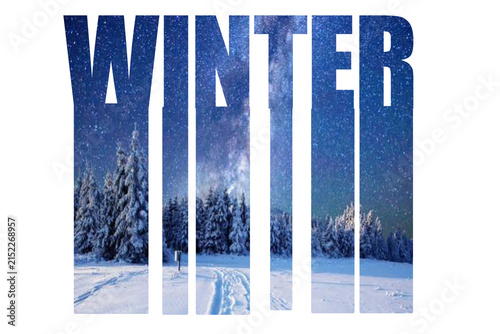 Foto Winter typography showcases snowy forest and starry night sky within letterforms