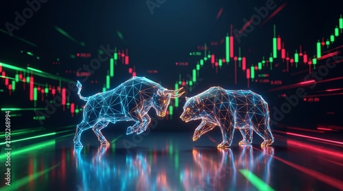 Low poly bull and bear facing off on digital stock market background