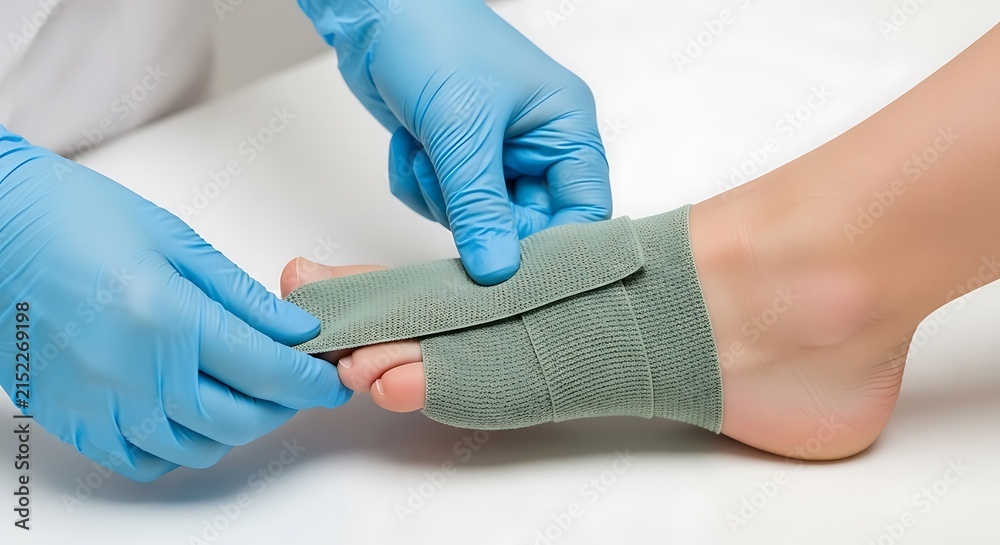 Fototapeta premium Medical Professional Applying Compression Bandage to Patient Foot