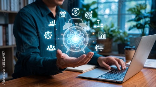 Future Technology Interface with Man Holding Clock, Businessman Working on Digital Screen with Virtual Graphs and Statistics in Office, Digital Marketing Concept