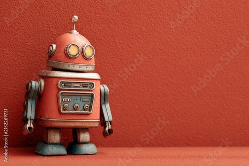 Vintage toy robot with round eyes and metallic body standing against a textured red wall, showcasing retro design and playful character