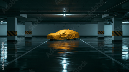 A dark atmospheric underground parking garage with glossy black concrete flooring and empty marked parking bays, a single car fully covered