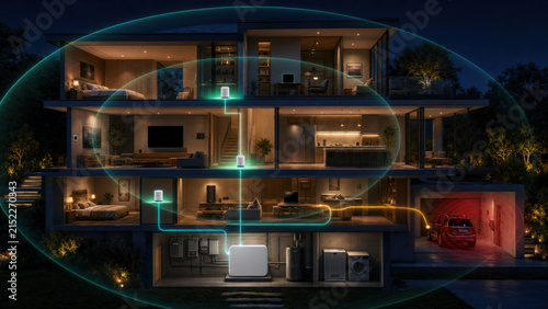 Whole Home Mesh Network Connectivity Across Smart House Cutaway with Copy Space