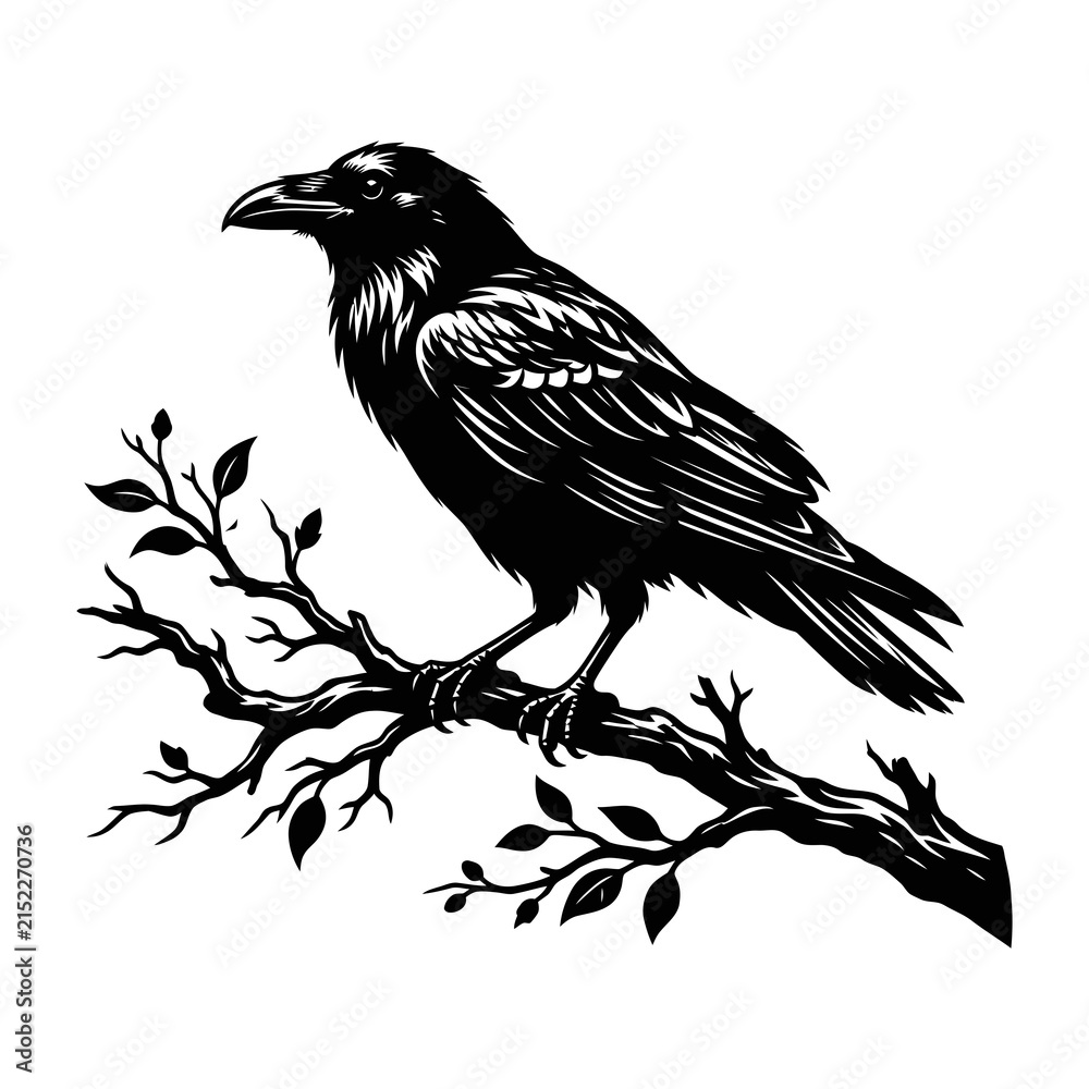 Obraz premium Vintage raven vector illustration, black crow perched on tree branch, gothic bird woodcut style, mystical wildlife graphic for logos