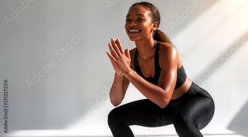 Smiling young Black woman in athletic wear posing confidently in bright studio light