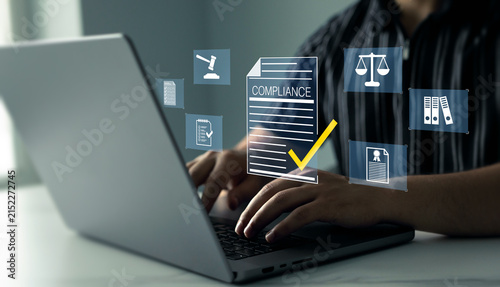 Modern governance, legal standards, policy management ensuring transparency, safety, structured organizational control.Compliance law,corporate rules concept with documents, checkmarks, regulation