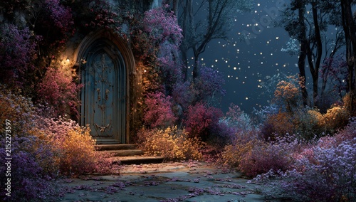 Enchanted garden scene featuring a blue ornate door surrounded by vibrant flowers and trees under a starry night sky with soft glowing lights illuminating the pathway