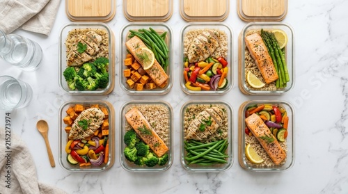 Healthy Meal Prep Containers with Salmon and Colorful Vegetables