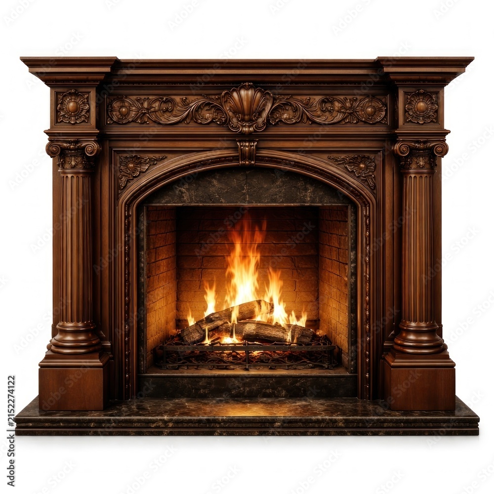 Obraz premium Elegant wooden fireplace with fire