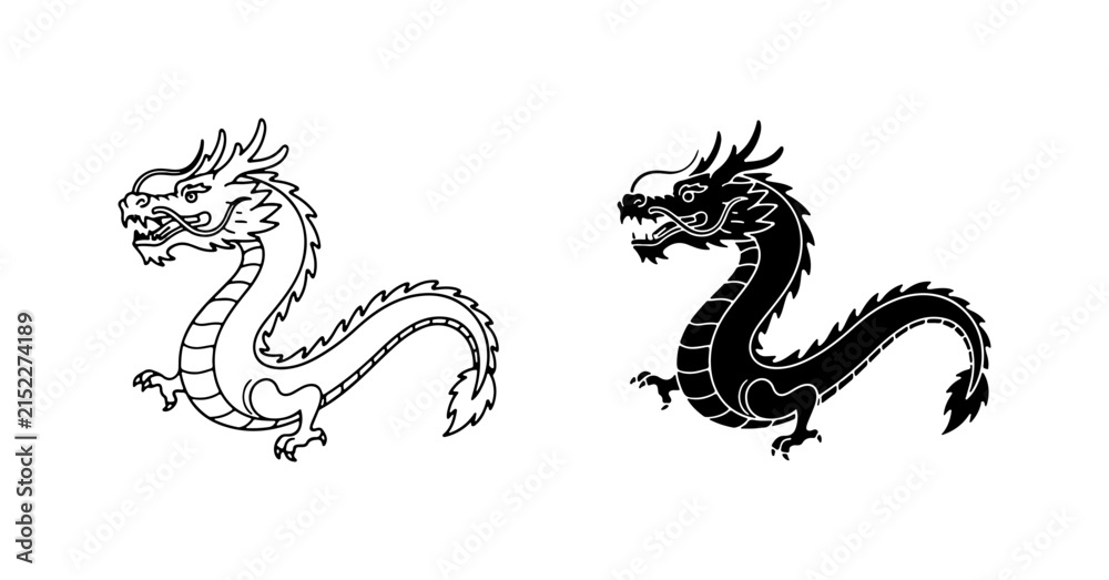 Fototapeta premium Chinese Dragon Vector Icons, Mythical Creature Line Art, Asian Folklore Symbol, Black and White