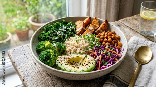 Colorful Bowl of Healthy Plant-Based Ingredients on Rustic Table