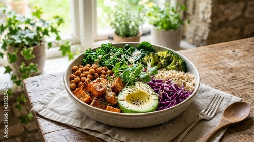Colorful Vegan Bowl with Avocado and Roasted Vegetables on Table