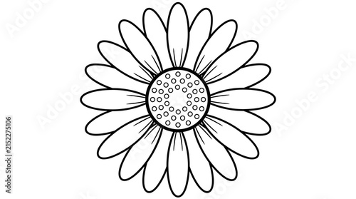 Black and white outline illustration of a single daisy flower with detailed petals and center, isolated on white background.
