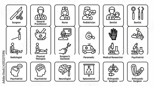 Medical staff and healthcare professional line icons set