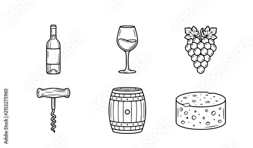 Vineyard Wine Bottle Grapes Barrel and Cheese Vector Icon Collection