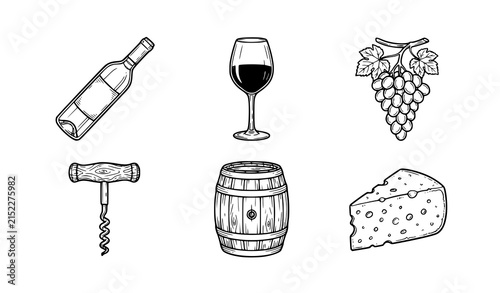 Wine Tasting and Gourmet Cheese Black White Outline Vector Icon Set