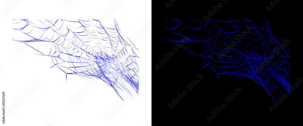 Naklejka premium Spooky blue spiderweb corner design, eerie spider web graphic on white and black backgrounds, Halloween decorative element