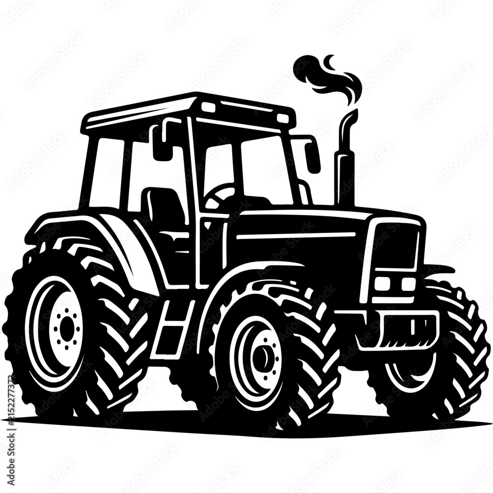 Fototapeta premium Vintage farm tractor vector illustration, black and white agricultural machinery icon, heavy duty farming equipment silhouette