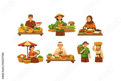 Traditional Indonesian Market Food Vendors Flat Vector Character Set