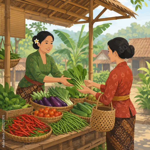 Indonesian Traditional Village Vegetable Market Vendor Illustration