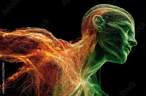 Abstract digital illustration of a human figure in motion, composed of vibrant green and orange lines against a black background, representing energy and dynamism