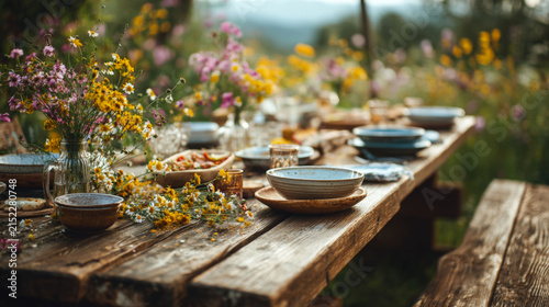Rustic wooden table set for outdoor garden party. Ceramic plate and glass with wildflower bouquet in nature. Concept of festive summer dining, eco friendly lifestyle and cottagecore.