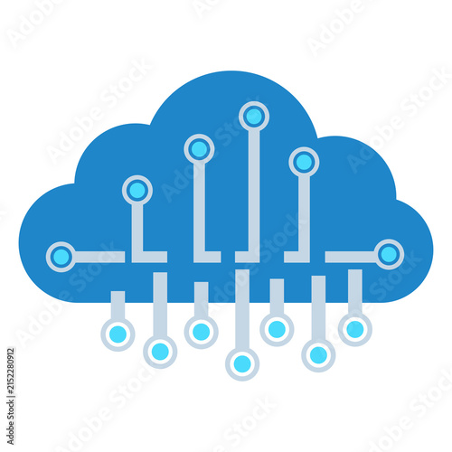 Cloud computing flat illustration featuring a blue digital cloud with electronic circuit connections for data storage, networking, IT infrastructure and technology designs, isolated on transparent bac
