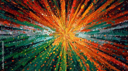 Abstract oil painting with radial brush strokes creating light burst effect. Background featuring textured impasto art with orange and green paint. Dynamic colorful explosion energy design.