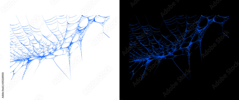 Naklejka premium Glowing blue spiderweb on black and white backgrounds, spooky neon cobweb design elements, Halloween decorative graphic assets