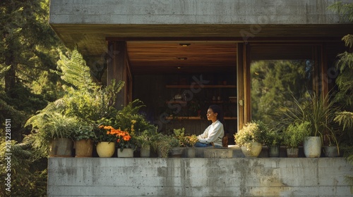 Woman sitting on a concrete balcony surrounded by houseplant. Peaceful girl relaxing in a modern living space with nature. Tranquil lifestyle concept, wellness and mental health.