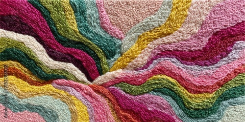 Abstract textile art featuring vibrant waves of colorful threads in shades of pink, green, yellow, and cream, creating a dynamic and textured visual effect