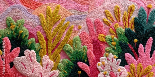 Colorful embroidered floral design featuring various plants and flowers in shades of pink, green, and yellow against a textured background of mountains and hills