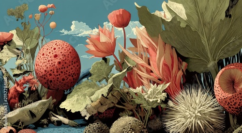 Colorful illustration of various abstract plants and flowers with intricate details, featuring round shapes and textures against a blue sky background