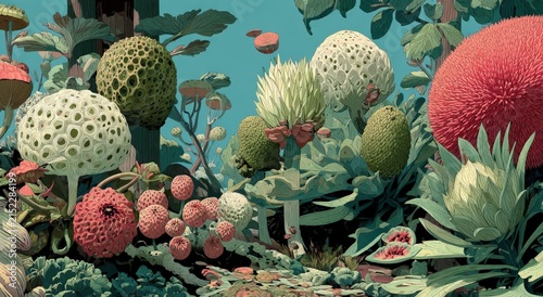 Colorful illustration of various whimsical plants and fungi in a fantastical garden setting with oversized spherical shapes and intricate foliage details