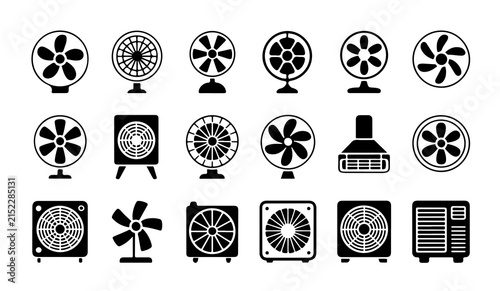 Collection of various black outline fan icons on white background, representing diverse cooling appliances.