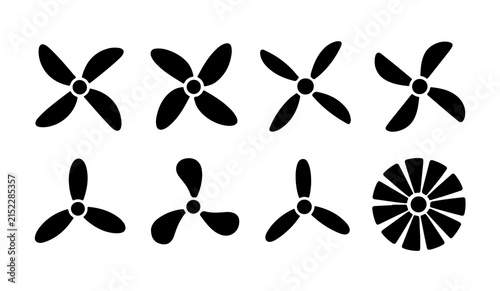 Set of eight black propeller icons on white background, illustrating various fan and air circulation symbols.