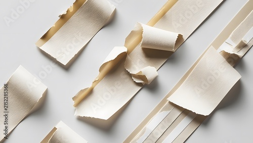 Scattered Beige Paper Tape Pieces with Frayed Edges on White
