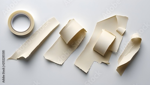Beige Masking Tape Strips with Torn Edges Isolated on White