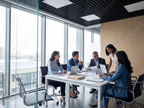 Diverse business team collaborating in a modern office meeting, discussing strategies with laptops and documents.