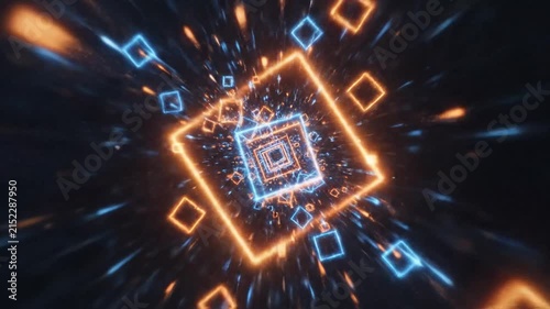 Glowing neon squares create a fast tunnel of digital light